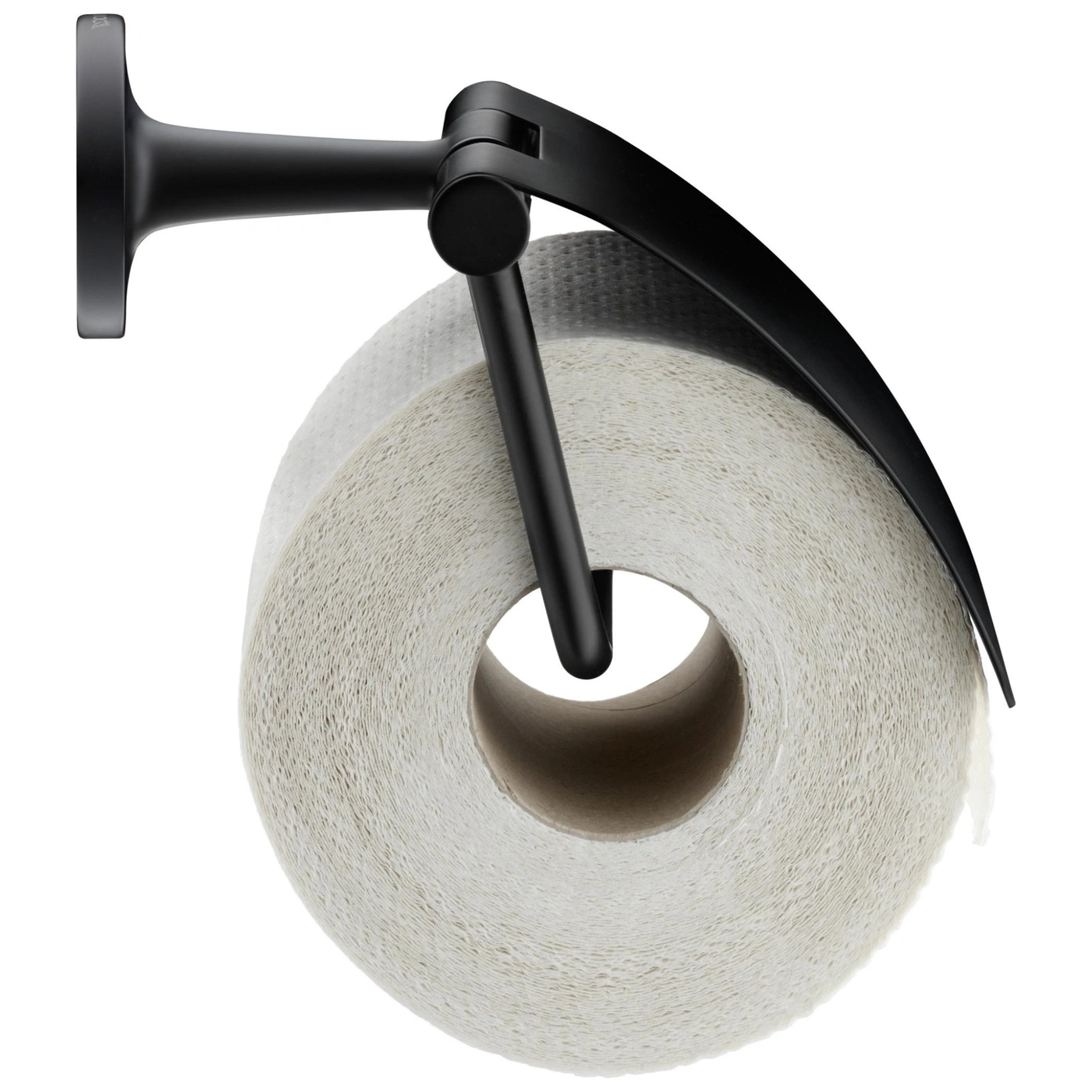 Schwarzer Toilettenpapierhalter mit einer Rolle Toilettenpapier auf weißem Hintergrund.