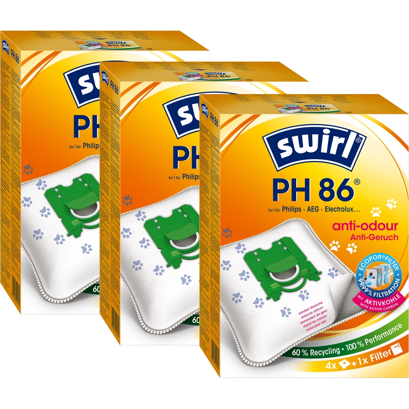 Staubsaugerbeutel Swirl PH 86, Anti-Geruch, 60% Recycling, 100% Performance, 4x + 1x Filter