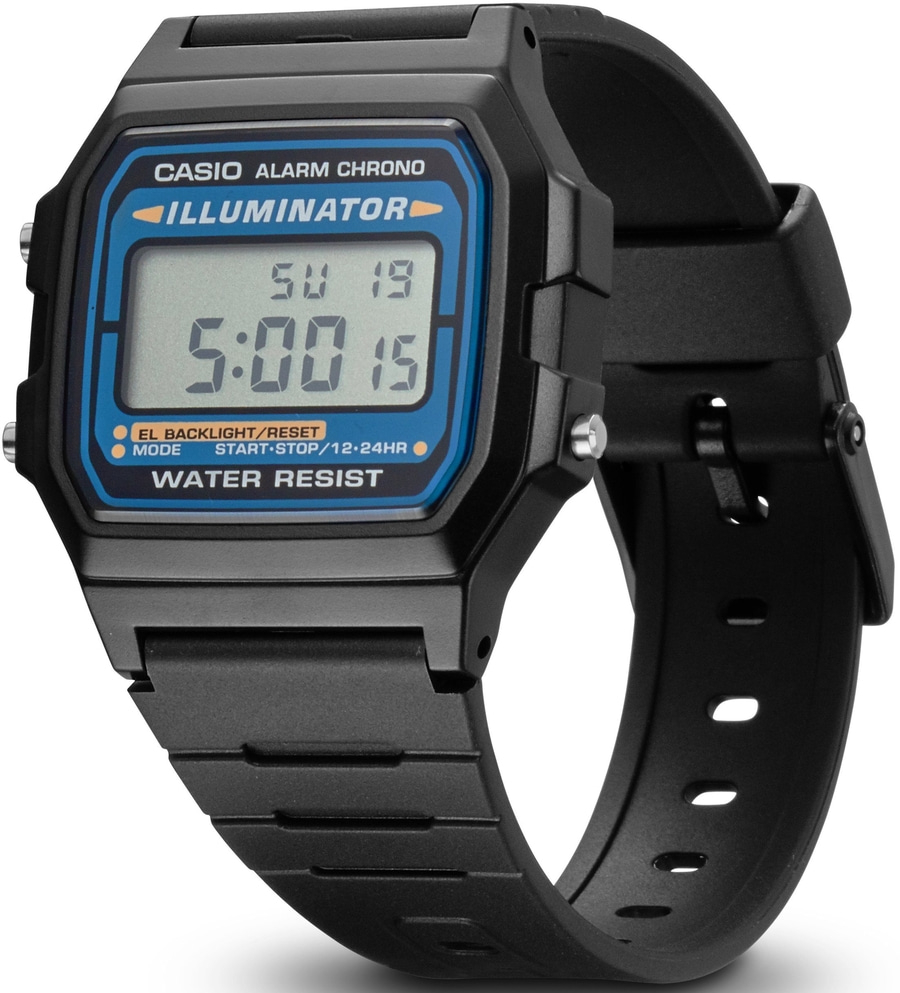 Schwarze Casio-Uhr mit digitaler Anzeige, Datum und Uhrzeit. Wasserdicht.