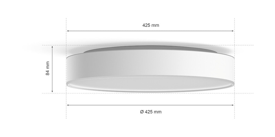 Runde Deckenleuchte mit Abmessungen von 425 mm Durchmesser und 84 mm Höhe.