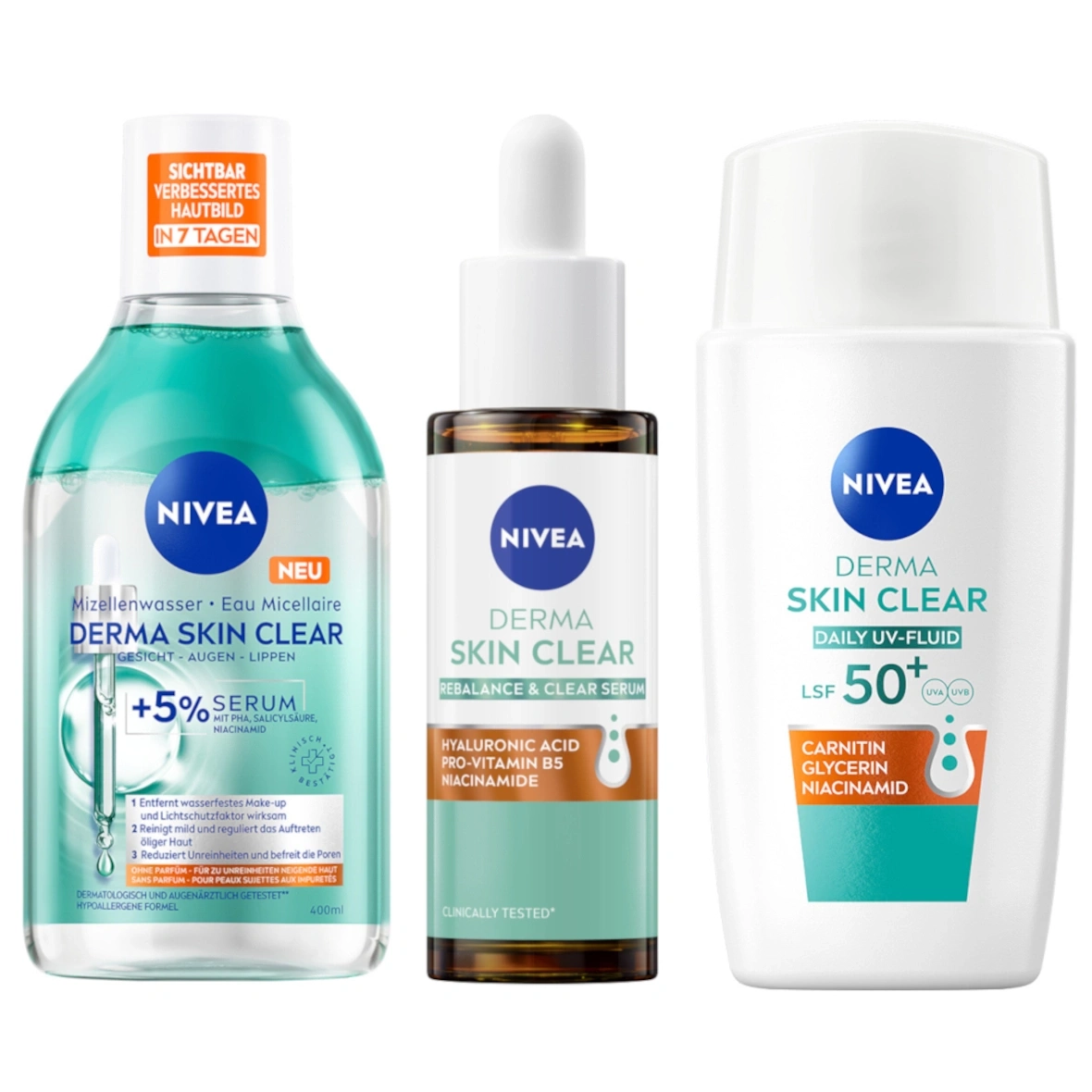 Drei NIVEA Derma Skin Clear Produkte: Mizellenwasser, Serum und UV-Fluid.