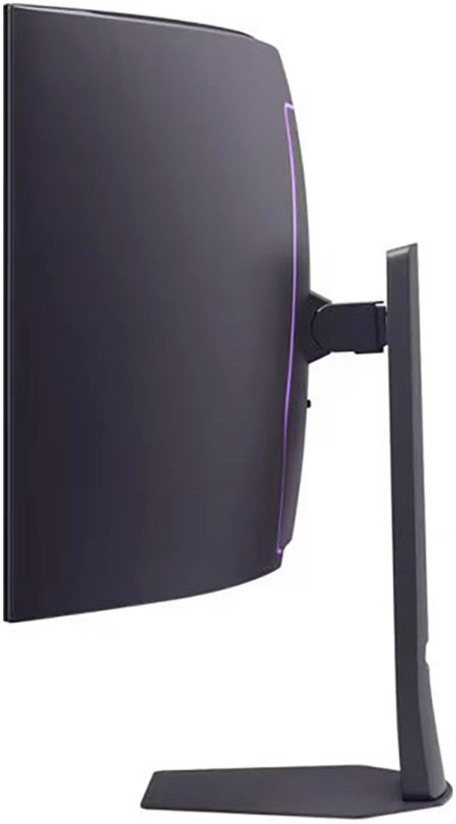 Ein gebogener schwarzer Monitor mit RGB-Beleuchtung und einem Ständer.