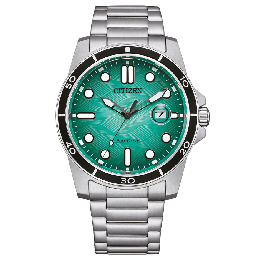 Citizen-Uhr mit grünem Zifferblatt und silbernem Armband, Nahaufnahme