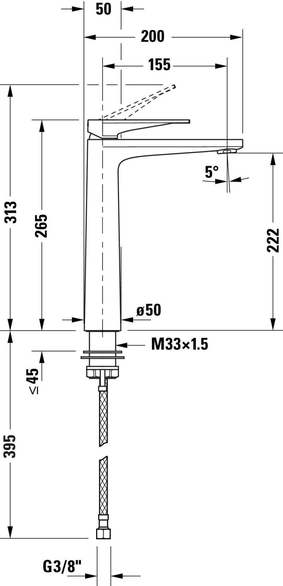 Technische Zeichnung eines Wasserhahns mit Bemaßungen, Winkeln und Gewinden, ideal für Sanitärinstallationen.