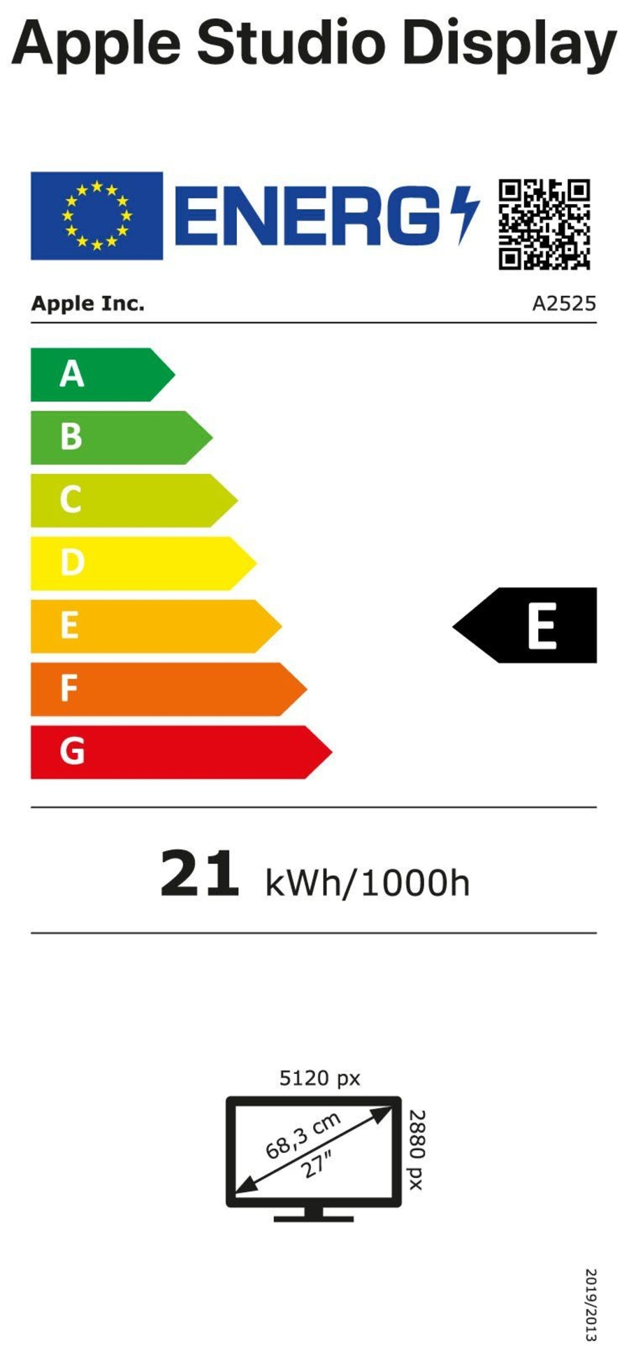 Apple Studio Display, Energieeffizienzklasse E, 21 kWh/1000h, 27 Zoll Bildschirm