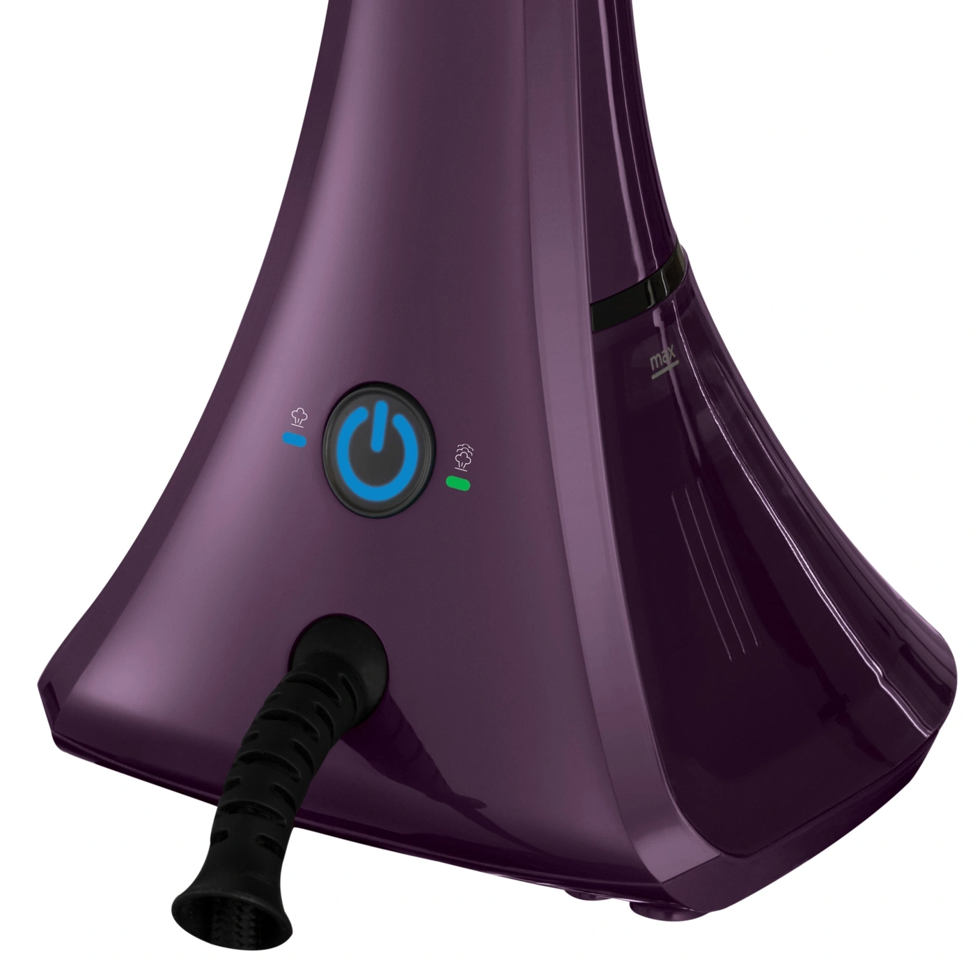 Dampfbügeleisen, violett, mit Ein-/Aus-Taste und Dampf-Indikatorleuchten, Nahaufnahme
