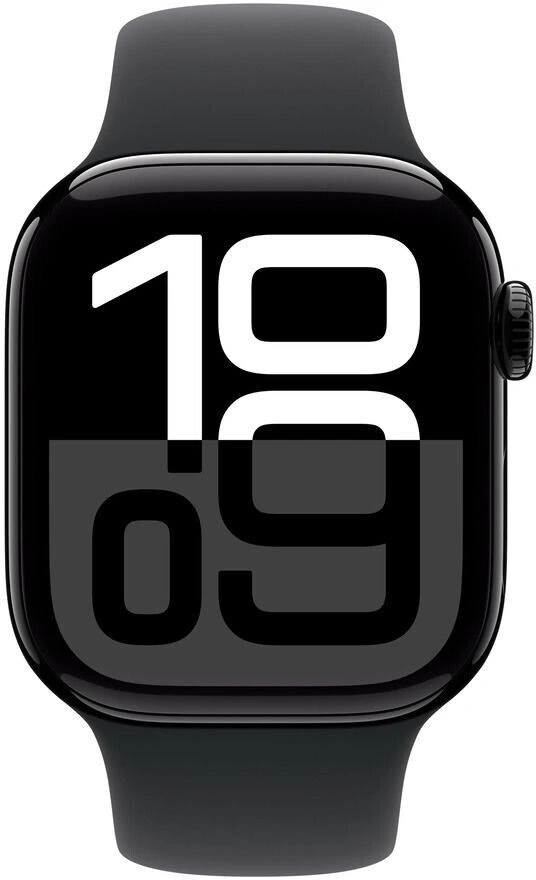 Eine schwarze Apple Watch mit der Uhrzeit 10:09 auf dem Display.