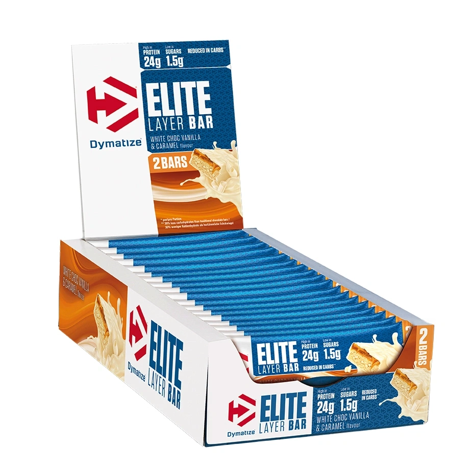 Dymatize Elite Layer Bar Display mit 2 Riegeln mit weißer Schokolade, Vanille und Karamellgeschmack.