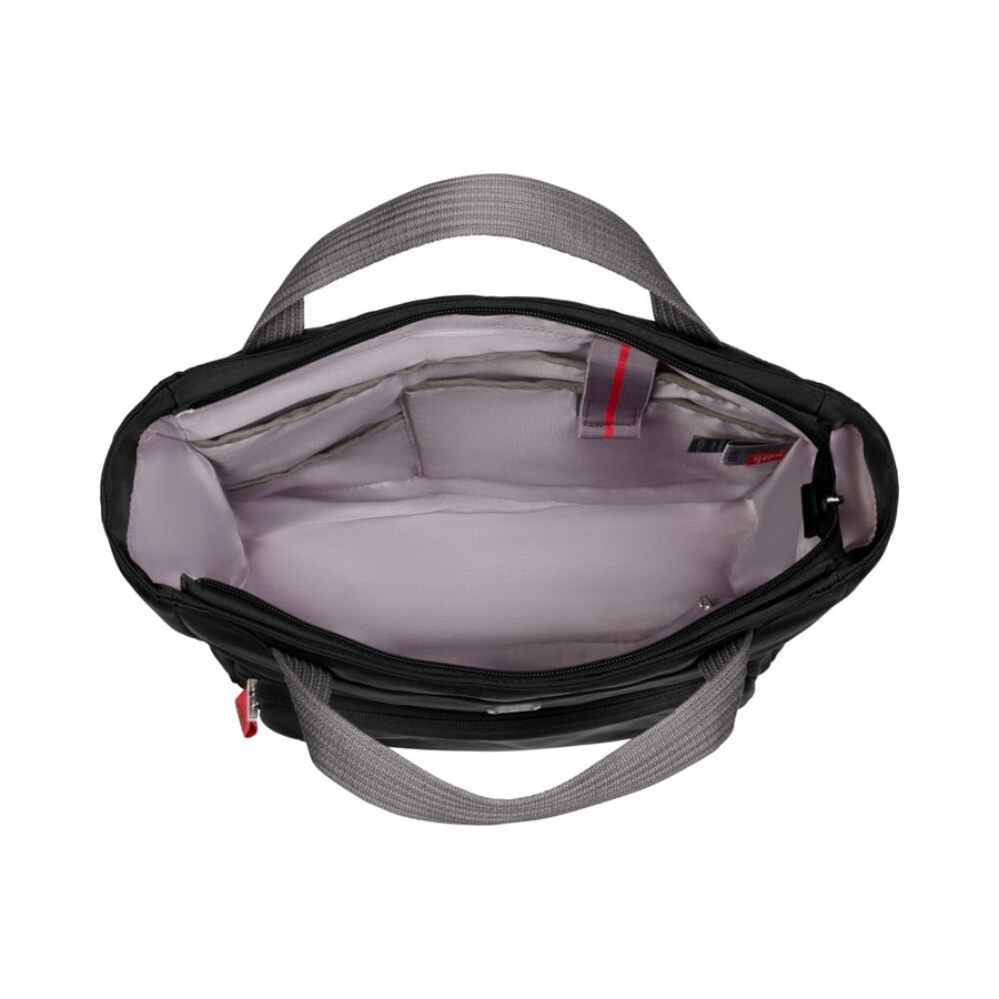 Schwarze Handtasche mit grauem Griff, Innenfutter, Reißverschluss, leer, offen, Nahaufnahme