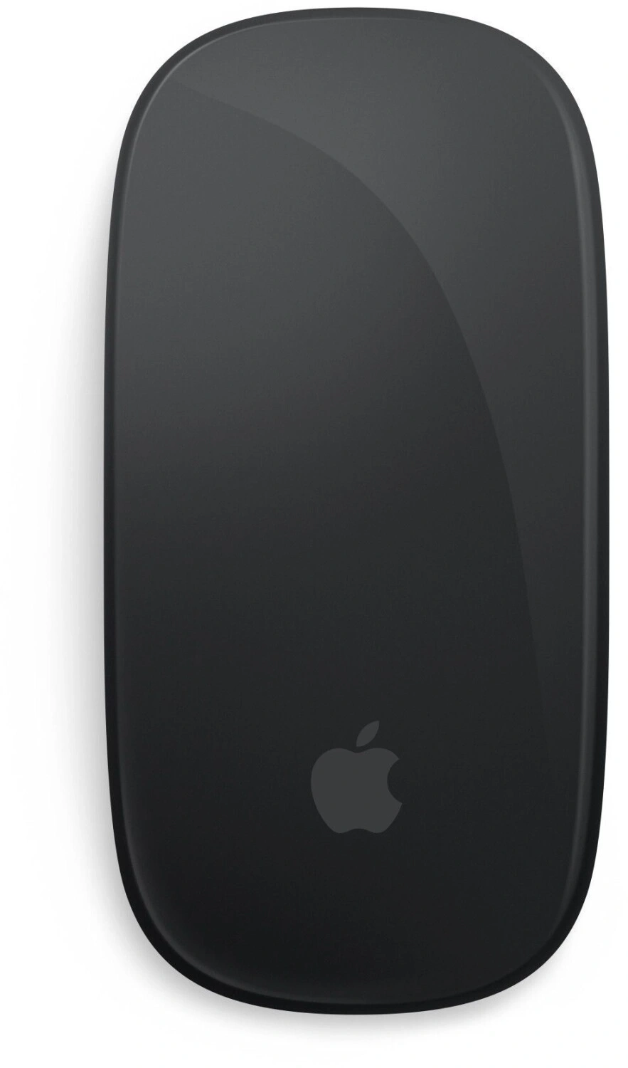 Schwarze Apple Magic Mouse mit Apple-Logo auf weißem Hintergrund.
