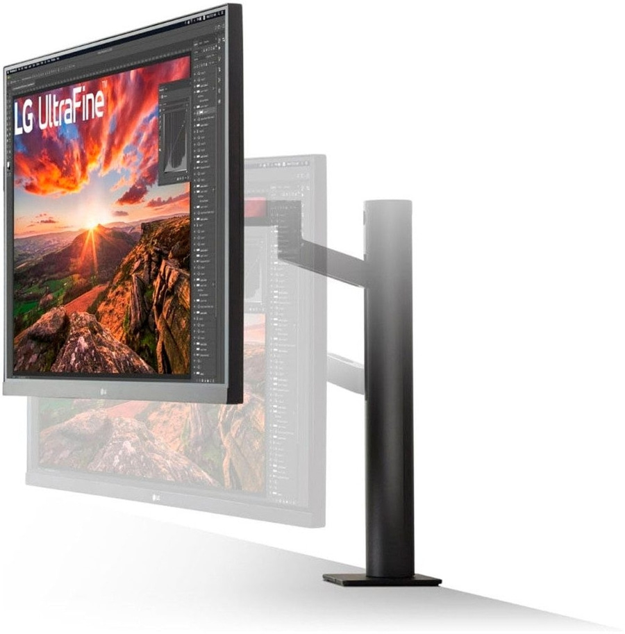 LG UltraFine Monitor mit Halterung, Berglandschaft auf dem Bildschirm
