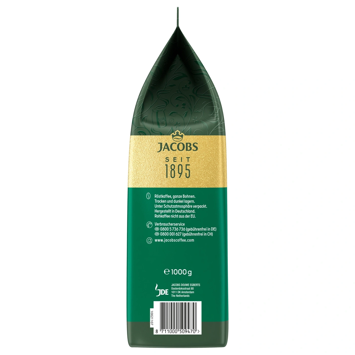 Eine Packung Jacobs Kaffee, ganze Bohnen, mit einem Gewicht von 1000g.
