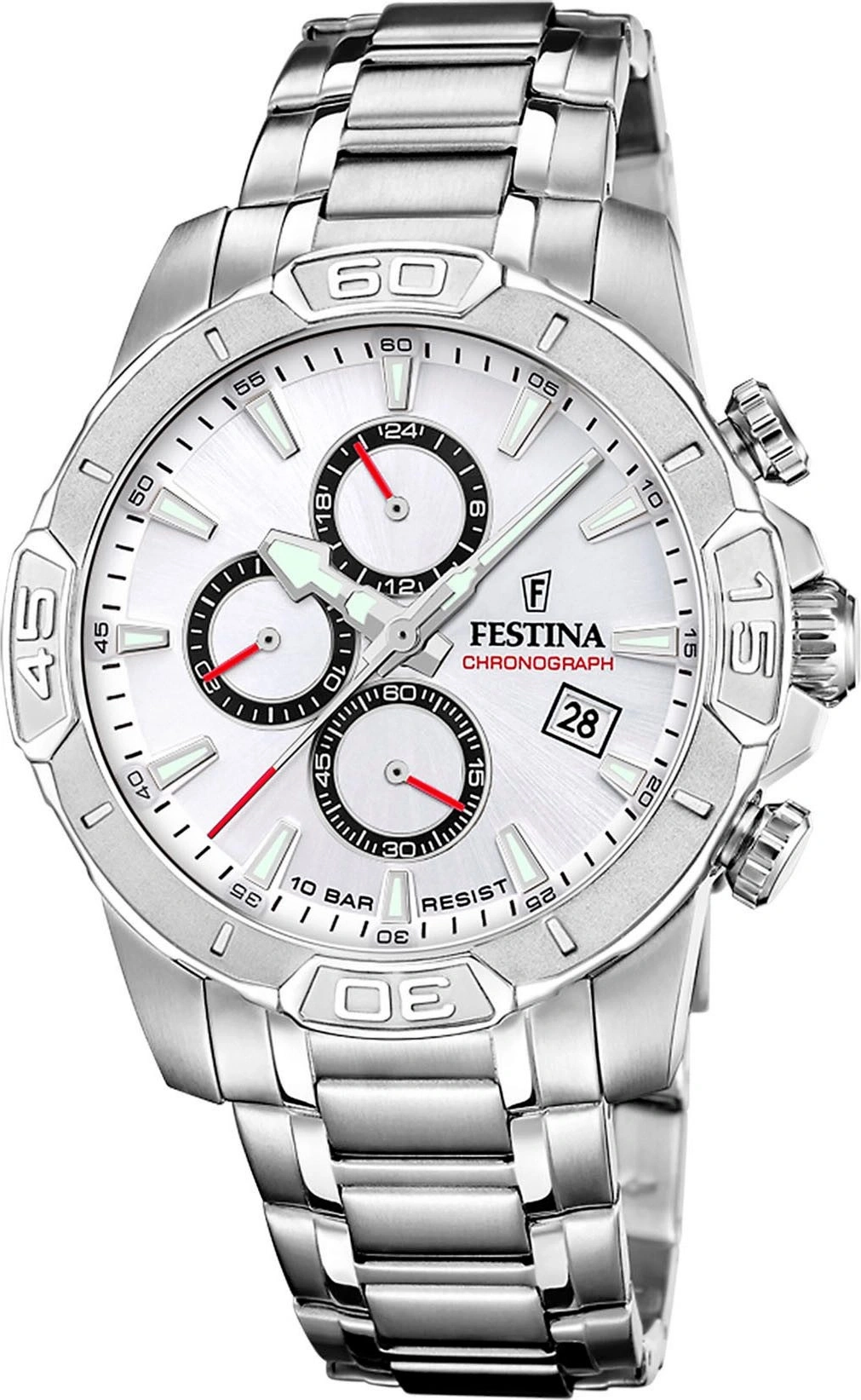 Silberne Herrenuhr mit weißem Zifferblatt und Chronographenanzeigen