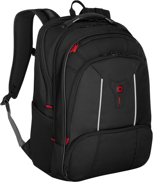 Schwarzer Rucksack mit roten Akzenten und weißem Streifen, ideal für den Alltag.