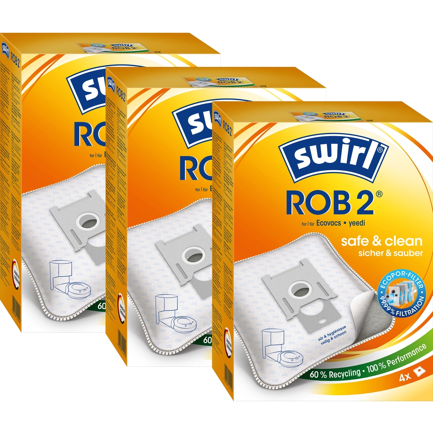 Swirl ROB 2 Staubsaugerbeutel, 4er Packung, für Ecovacs und Yeedi, 60% Recycling