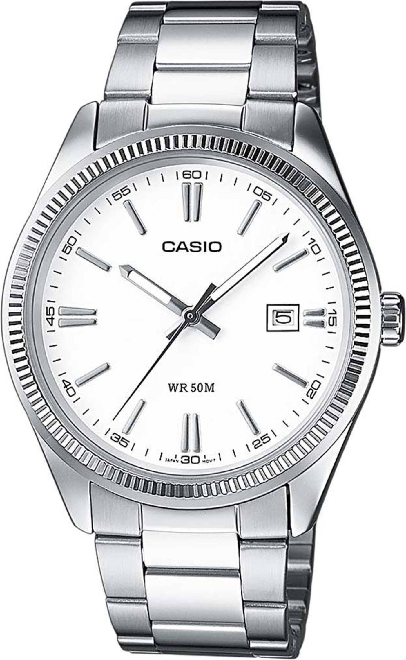 Casio-Uhr mit weißem Zifferblatt, silbernem Armband und Datumsanzeige bei 3 Uhr.