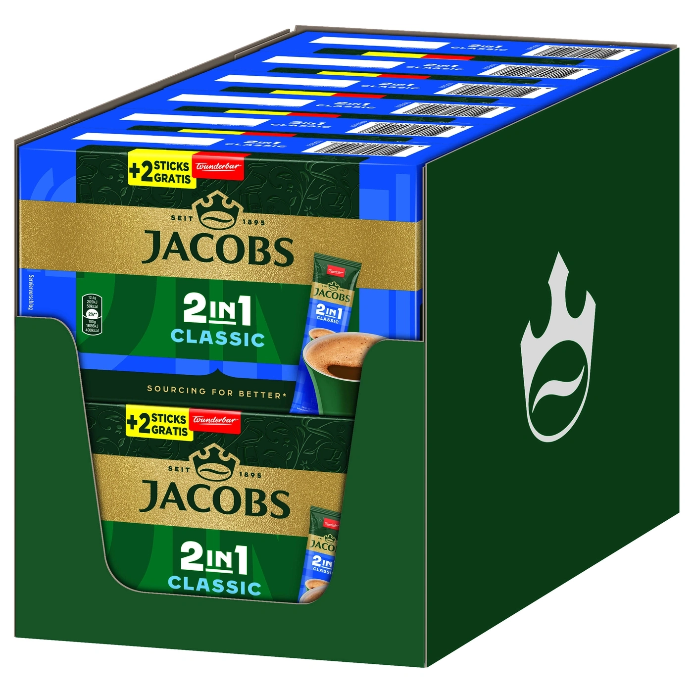 Jacobs 2in1 Classic Instantkaffee mit 2 Sticks gratis in Verkaufsdisplay.