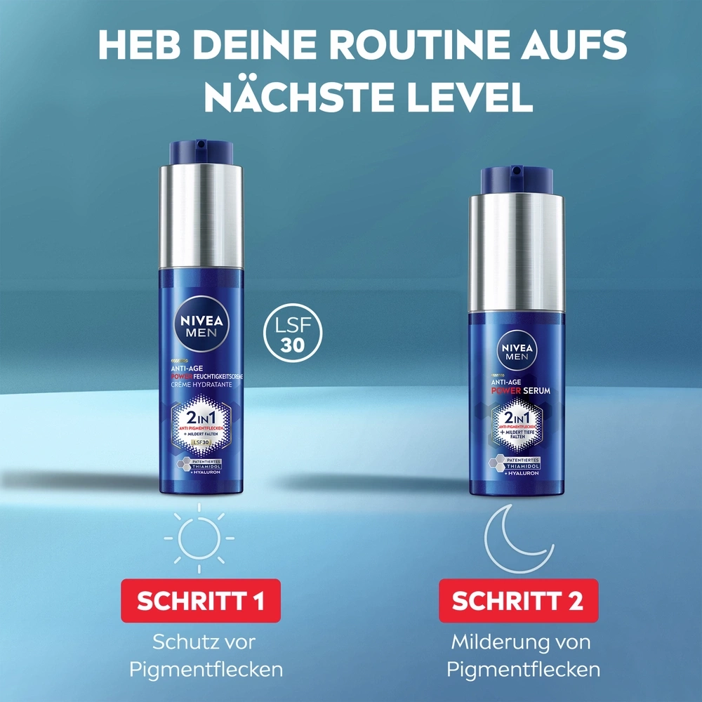 Nivea Men Anti-Age Power Serum und Feuchtigkeitscreme mit LSF 30 für Tag und Nacht.
