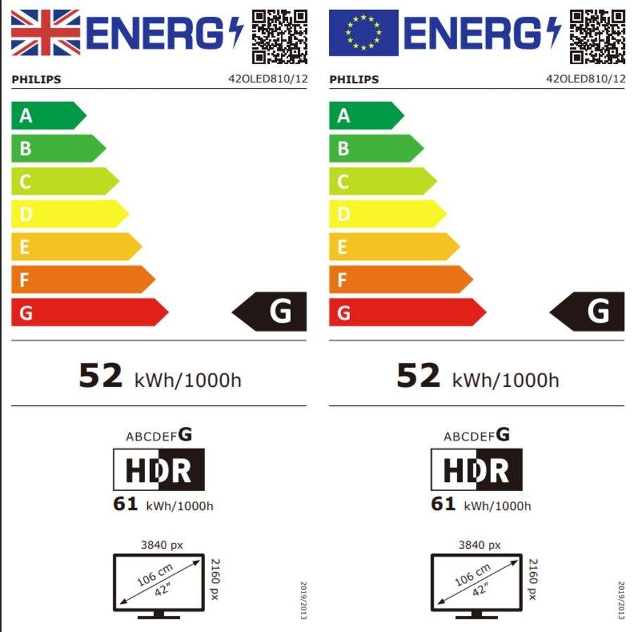 Energieetikett für Fernseher von Philips, 420LED810/12, Energieklasse G, 52 kWh/1000h