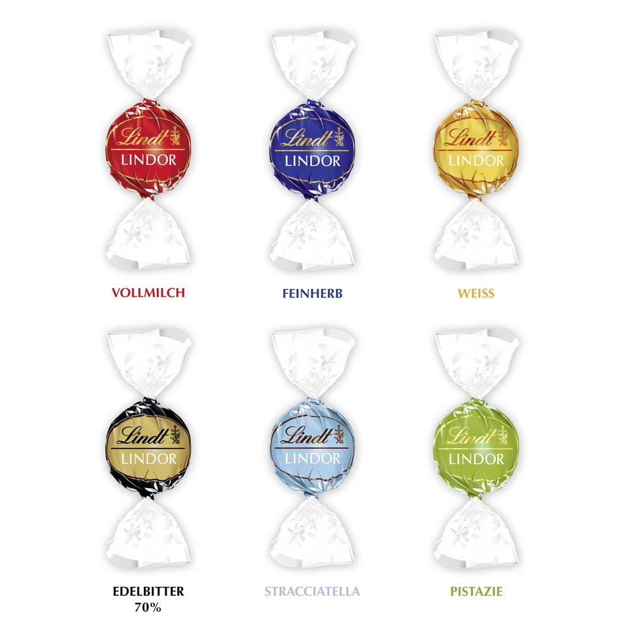 Lindt Lindor Pralinen in verschiedenen Geschmacksrichtungen: Vollmilch, Feinherb, Weiss, Edelbitter, Stracciatella, Pistazie.