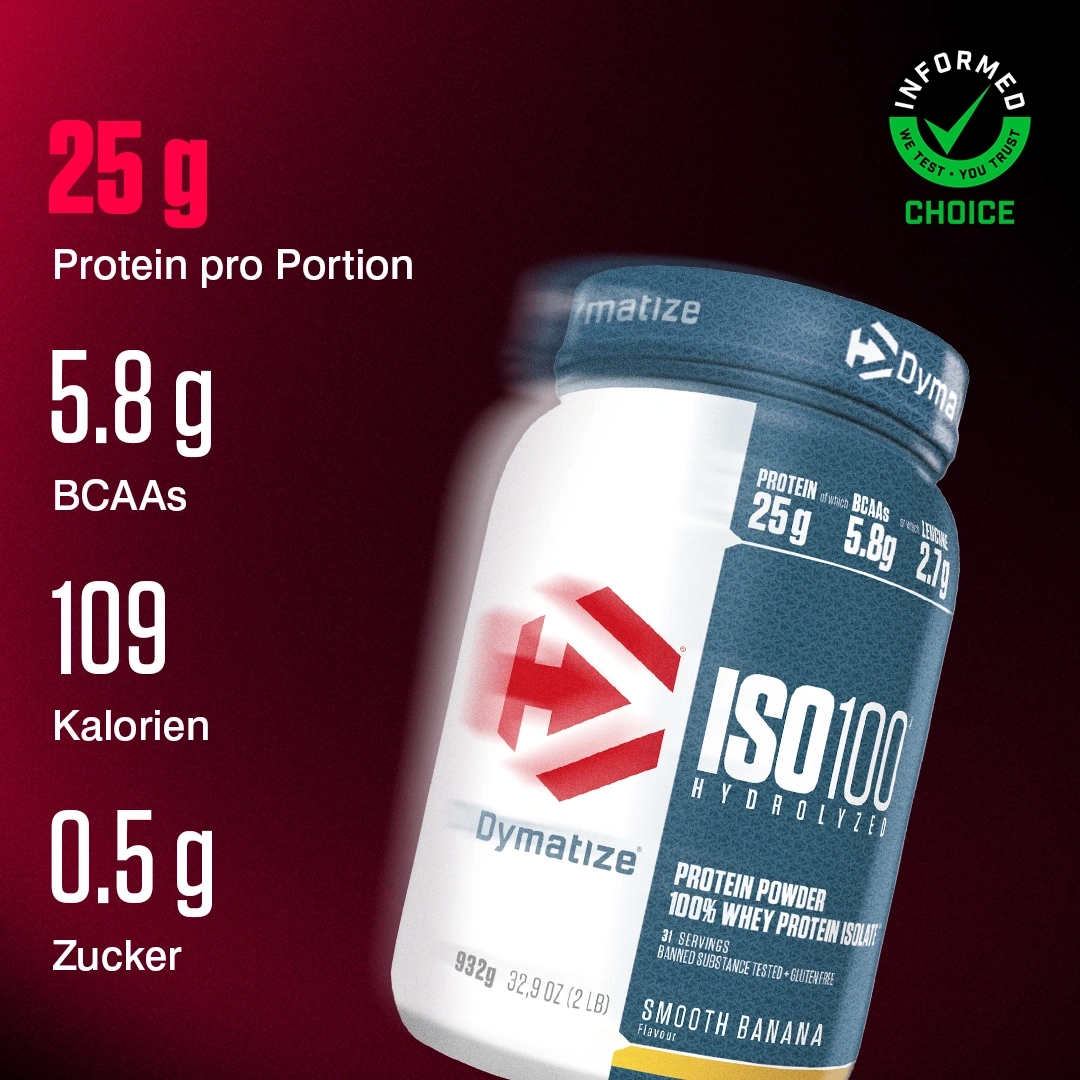 Eine Flasche Dymatize ISO 100 Protein mit Nährwertangaben