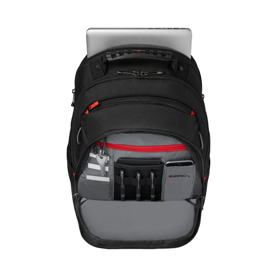 Schwarzer Rucksack mit Laptop, Stiften und Schlüsseln. Wenger-Logo.