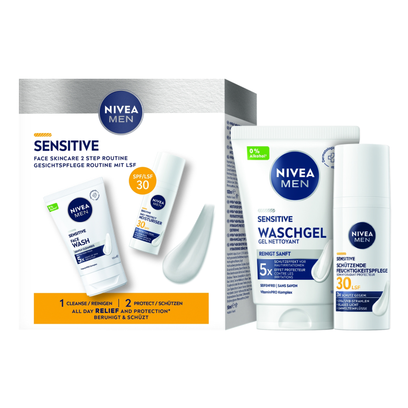 NIVEA MEN Sensitive Waschgel + Gesichtspflege LSF 30 Set & Gesichtscreme