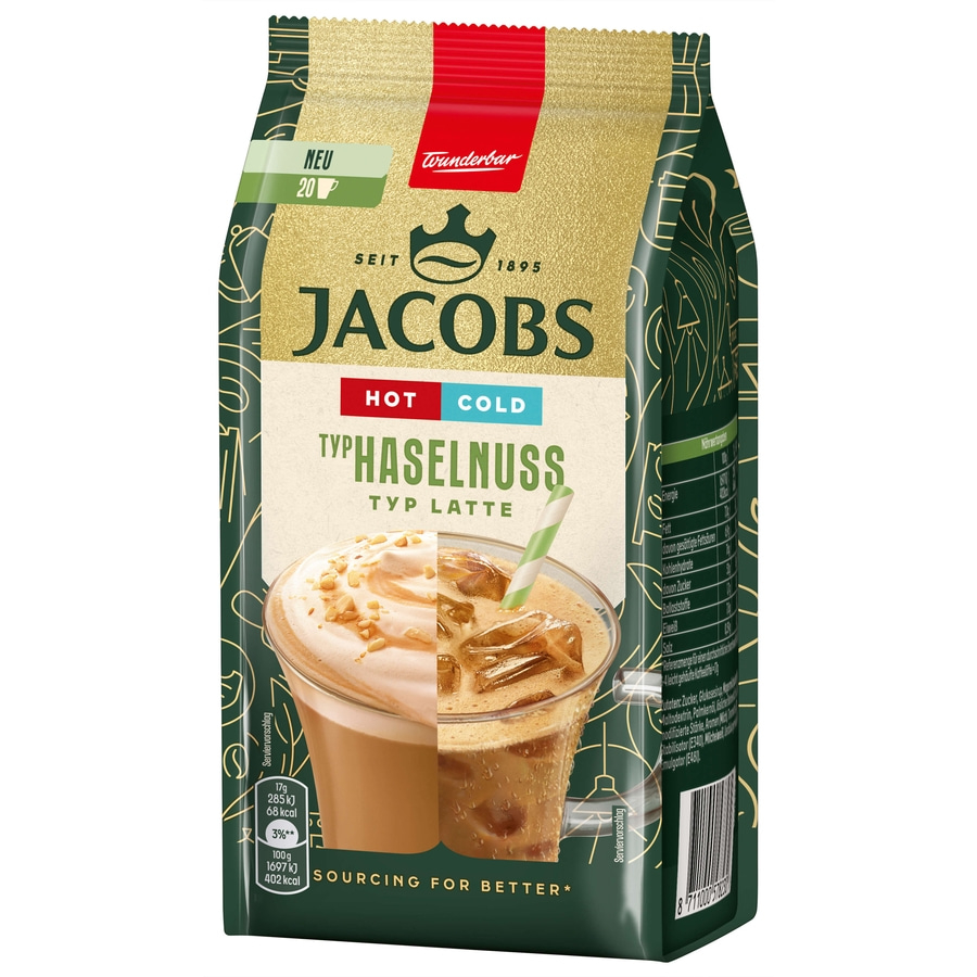 JACOBS Löskaffee TYP HASELNUSS LATTE Hot Cold 12 x 340 g Beutel Instantkaffee
