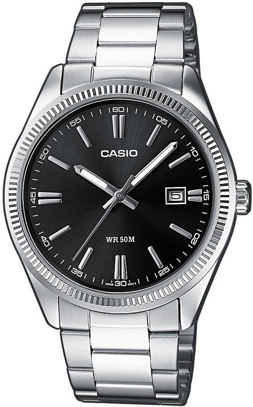 Casio Herrenuhr mit schwarzem Zifferblatt und silbernem Armband, elegant