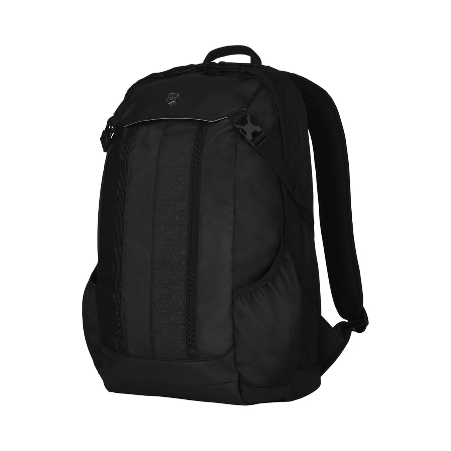 Schwarzer Rucksack mit Reißverschluss und Schultergurten, für den täglichen Gebrauch.