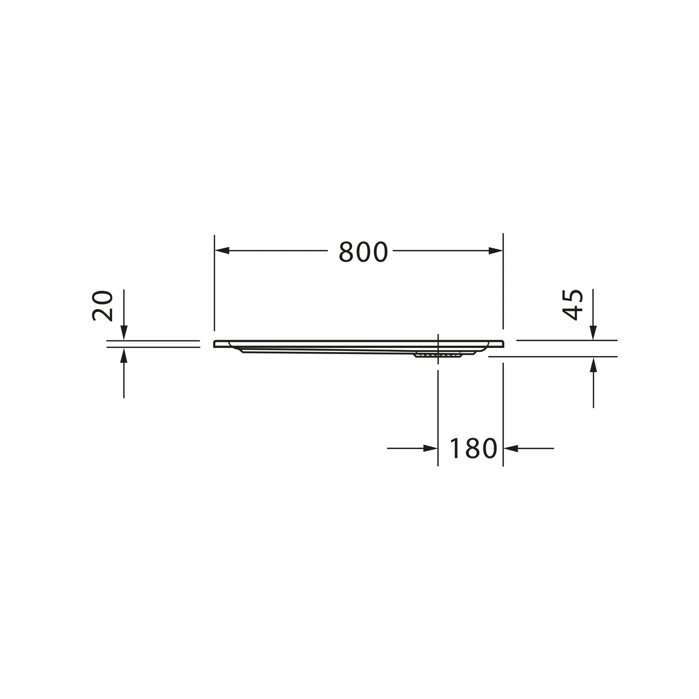 Abmessungen einer Platte: 800x180x20x45 mm. Technische Zeichnung mit Maßangaben.