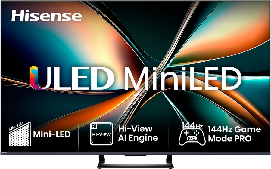 Hisense ULED MiniLED Fernseher mit 144Hz, AI Engine und Game Mode PRO.