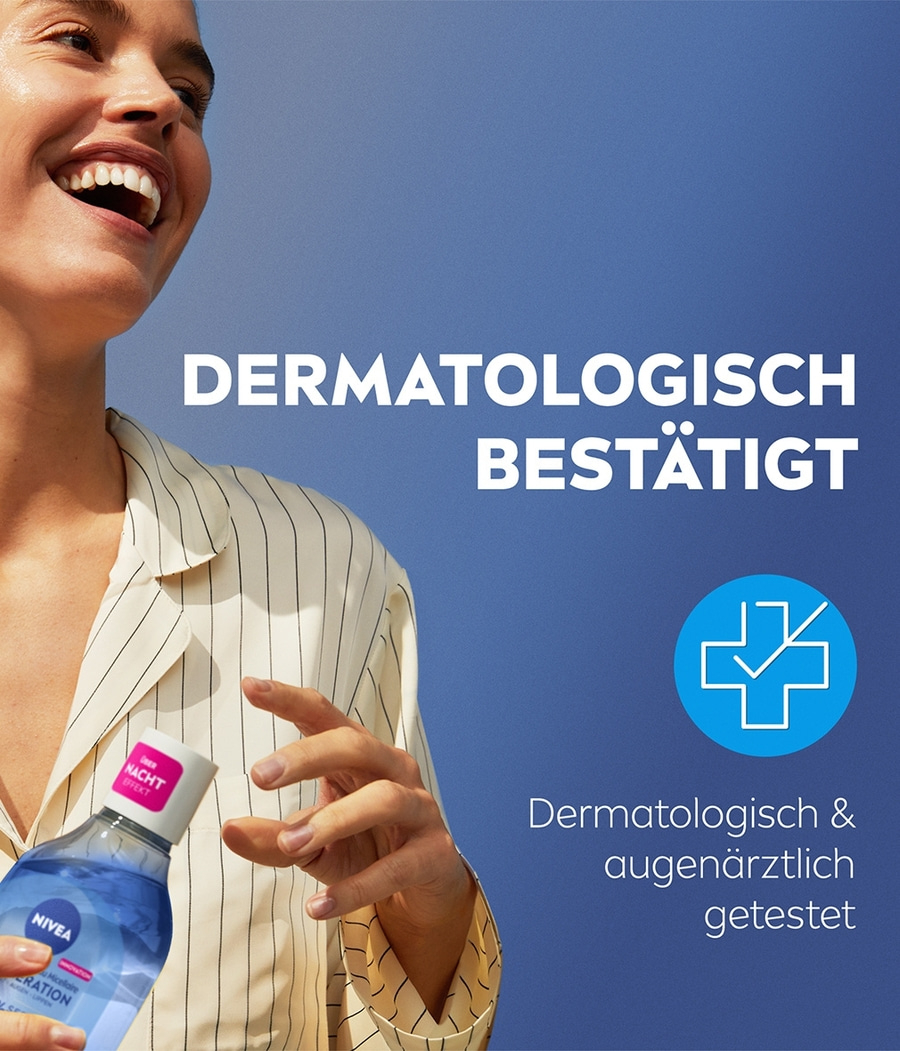 Frau mit Nivea-Produkt, dermatologisch bestätigt, blauem Hintergrund.