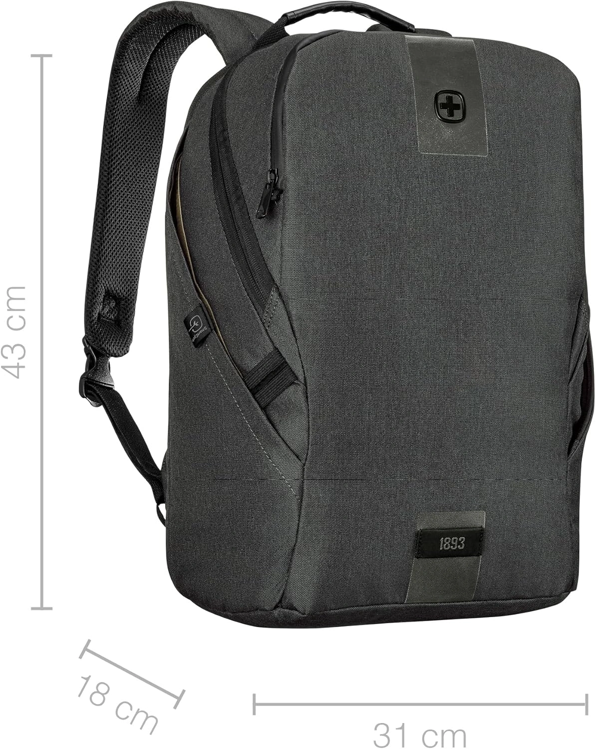 Schwarzer Rucksack mit den Maßen 43 x 31 x 18 cm, mit Logo und Jahr 1893.