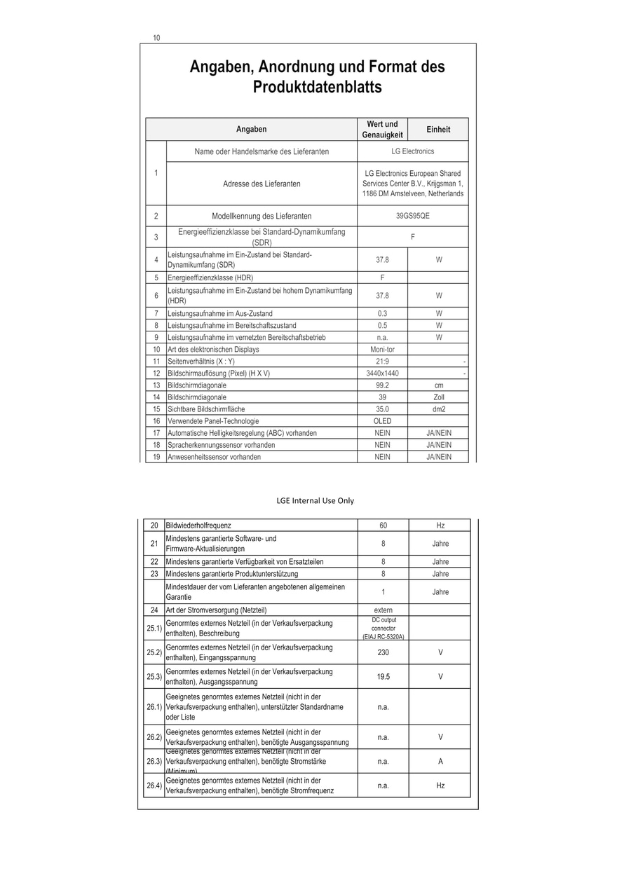 Produktdatenblatt mit technischen Spezifikationen und Energieeffizienzklasse.