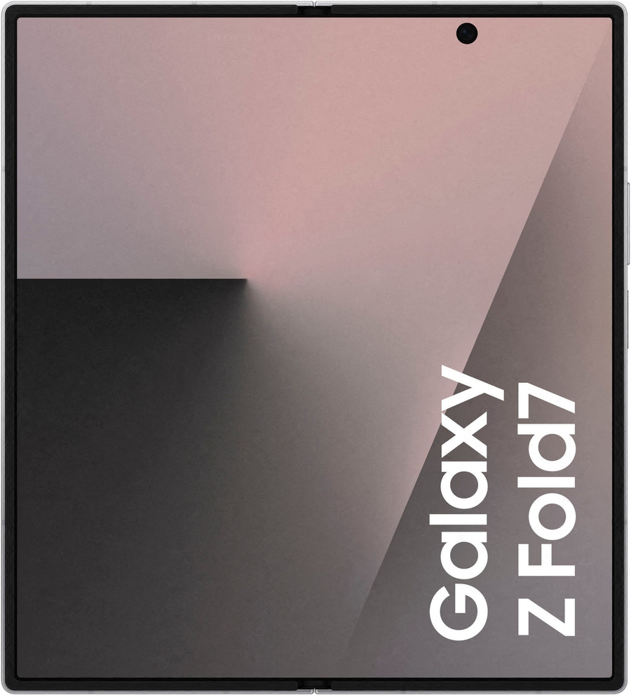 Ein Galaxy Z Fold7 Smartphone mit einem schlichten, zweifarbigen Hintergrund.