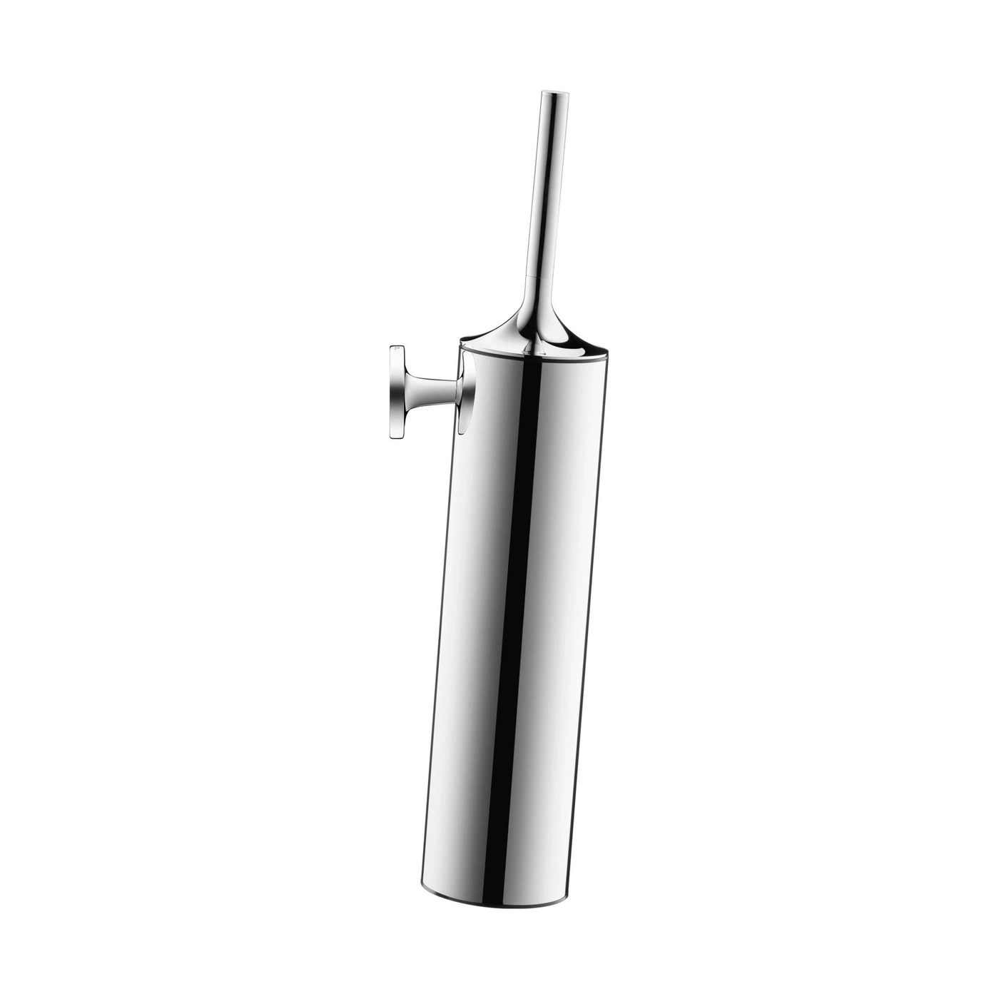 Ein glänzender, silberner Toilettenbürstenhalter mit Deckel und Wandhalterung, isoliert auf weißem Hintergrund.