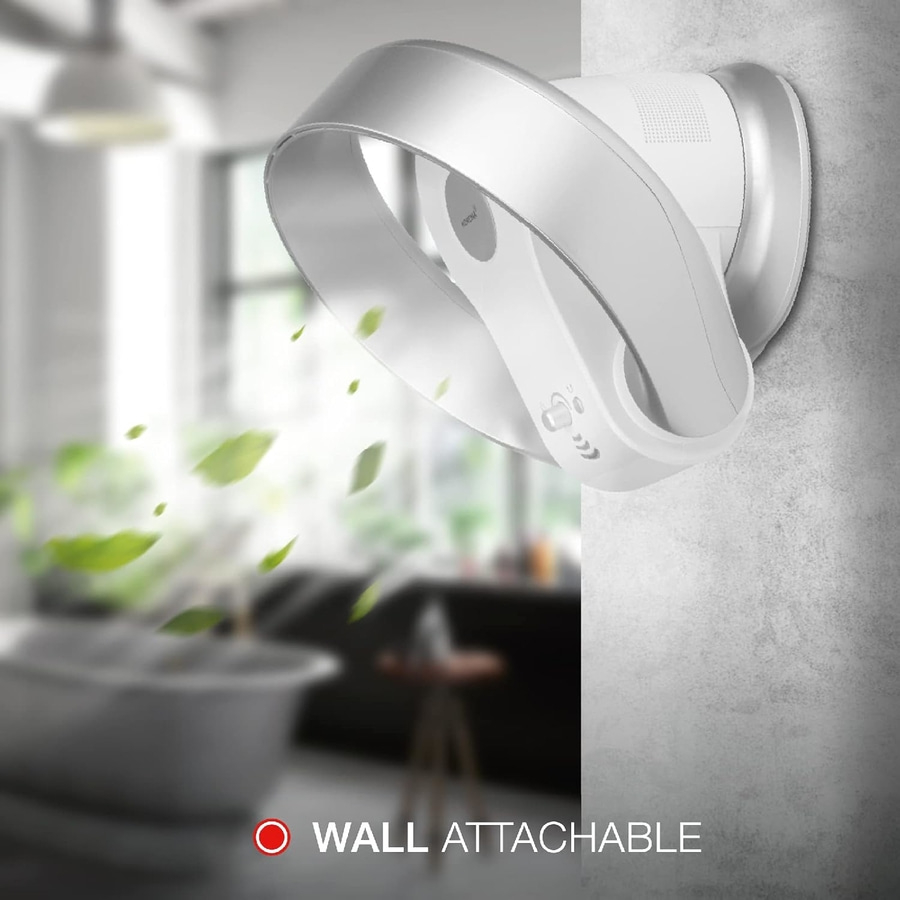 Weißer Wandventilator mit Blättern, die durch die Luft fliegen, und der Aufschrift 'WALL ATTACHABLE'.