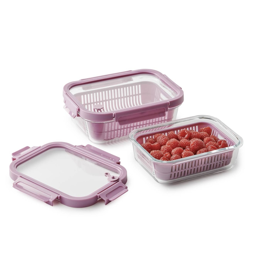 Behälter mit Himbeeren und Deckel, rosa, Glas, Küche, Lebensmittel, Obst