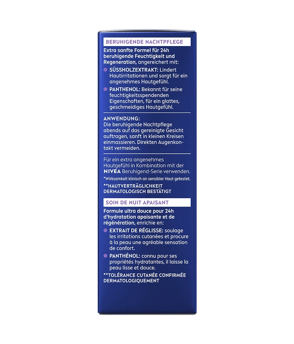 Nivea Nachtpflege mit Süßholzwurzelextrakt und Panthenol für 24h Feuchtigkeitsversorgung.
