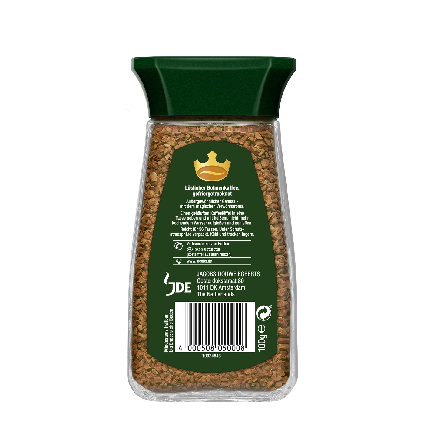 Kaffeeprodukt mit Text, der Informationen über die Zubereitung und den Hersteller enthält.