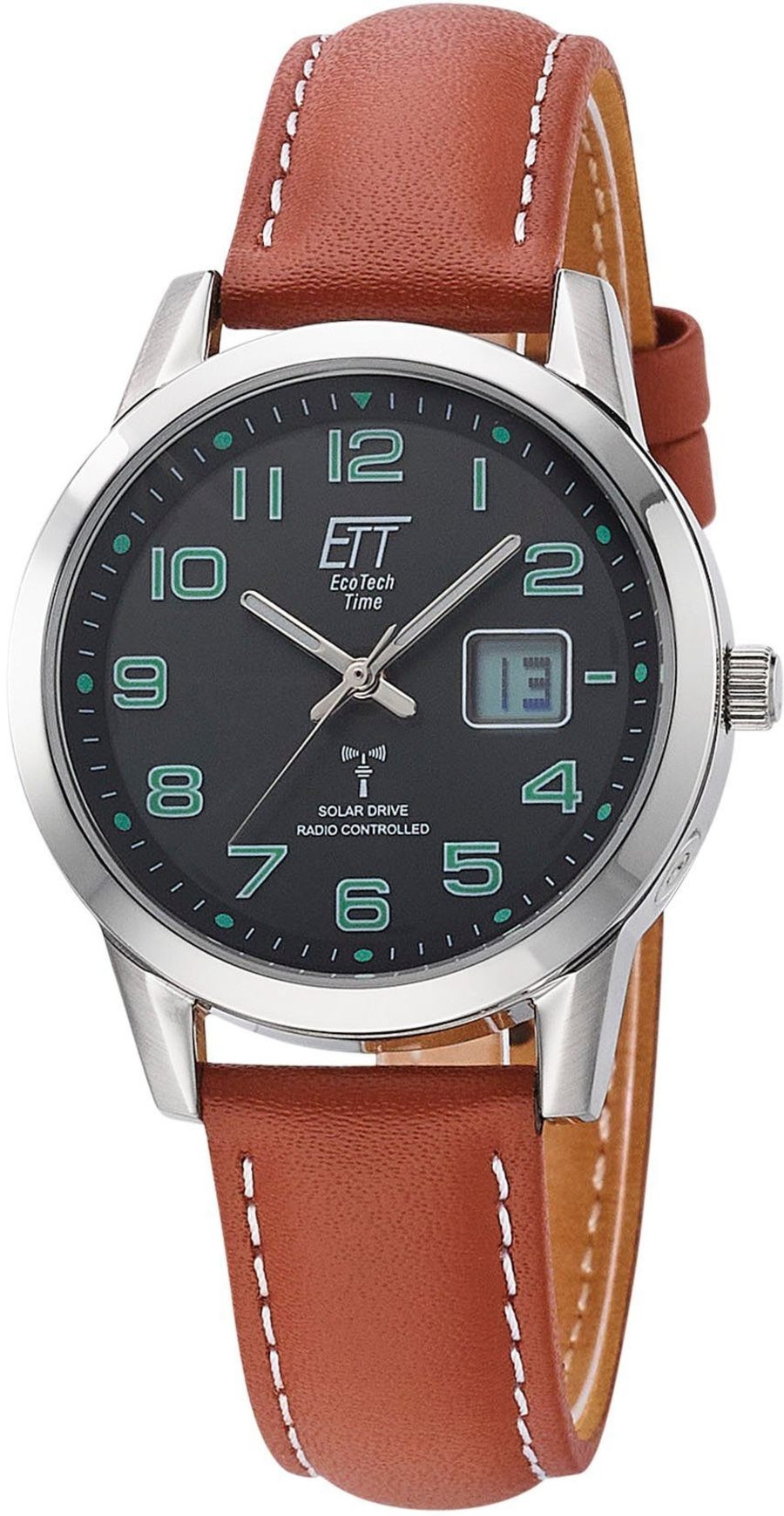 Armbanduhr mit braunem Lederarmband, schwarzem Zifferblatt und grünen Ziffern. ETT EcoTech Time.
