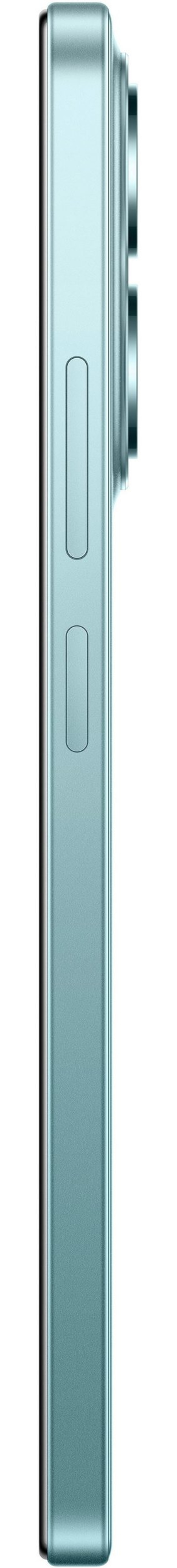 Detailaufnahme der linken Seite eines tealfarbenen Smartphones mit sichtbaren Tasten.