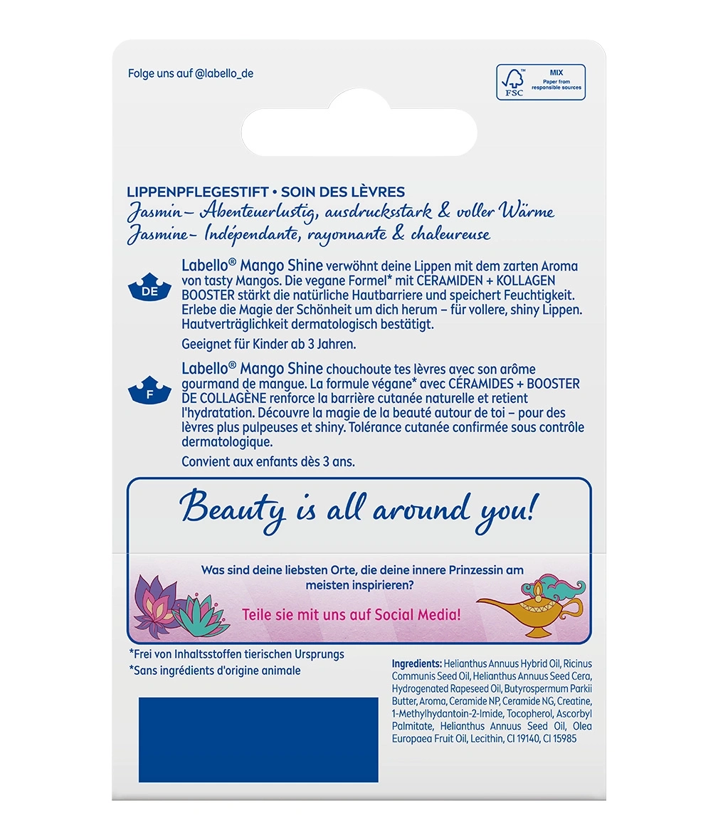 Die Rückseite einer Lippenpflege-Verpackung mit Produktinformationen