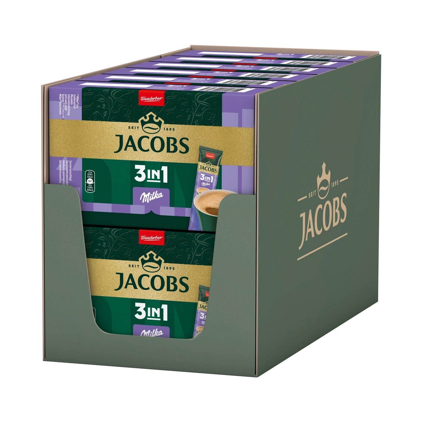 Jacobs 3in1 Milka Kaffee in der Verkaufsbox mit vielen Päckchen.