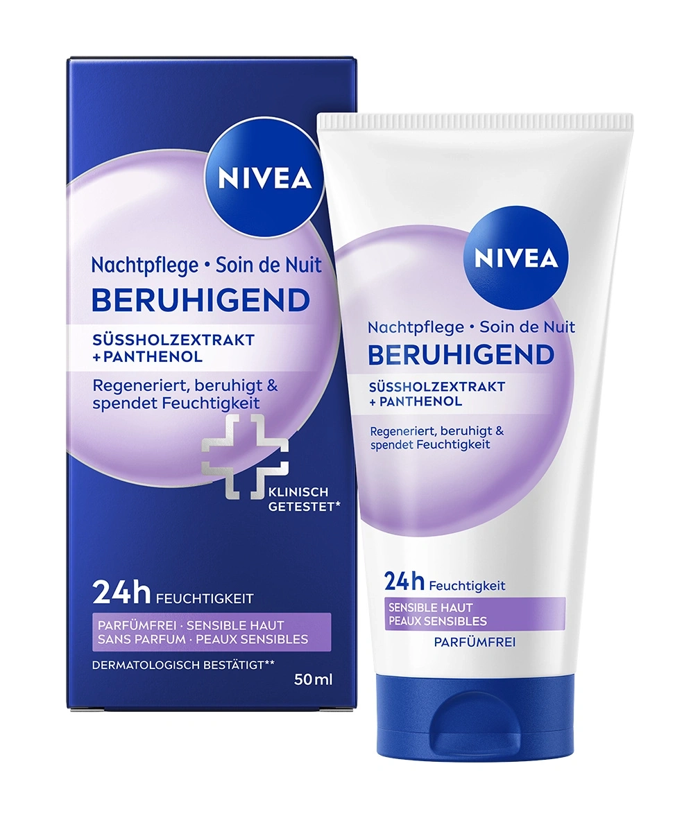 Nivea Nachtpflege Beruhigend für sensible Haut mit Süßholzwurzelextrakt und Panthenol.