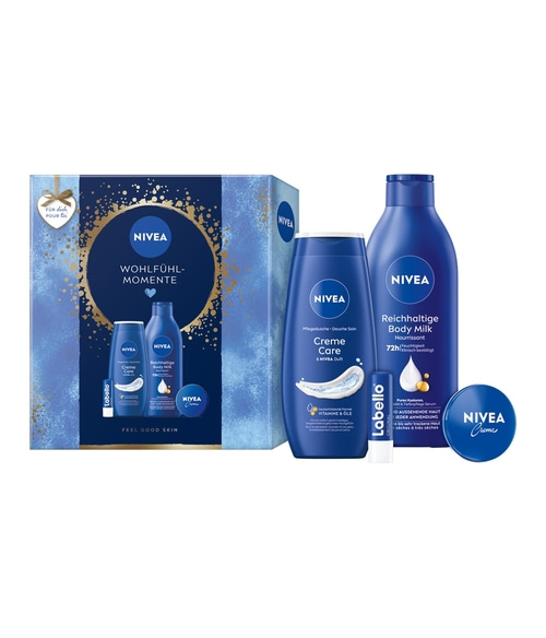 NIVEA Wohlfühl-Momente Geschenkset, Creme Body Milk Pflegedusche Labello