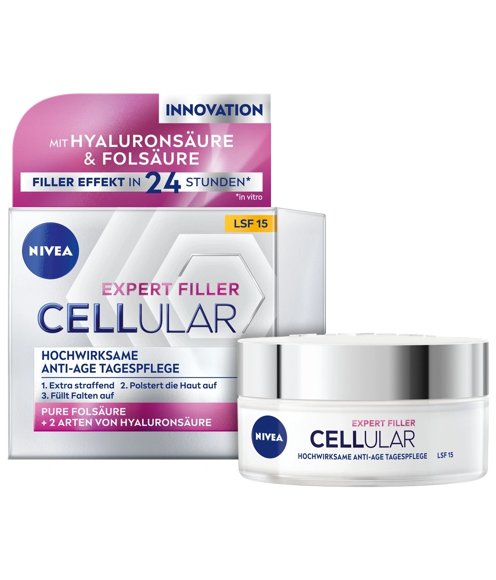 Nivea Cellular Expert Filler Anti-Age Tagespflege mit Hyaluronsäure und Folsäure.