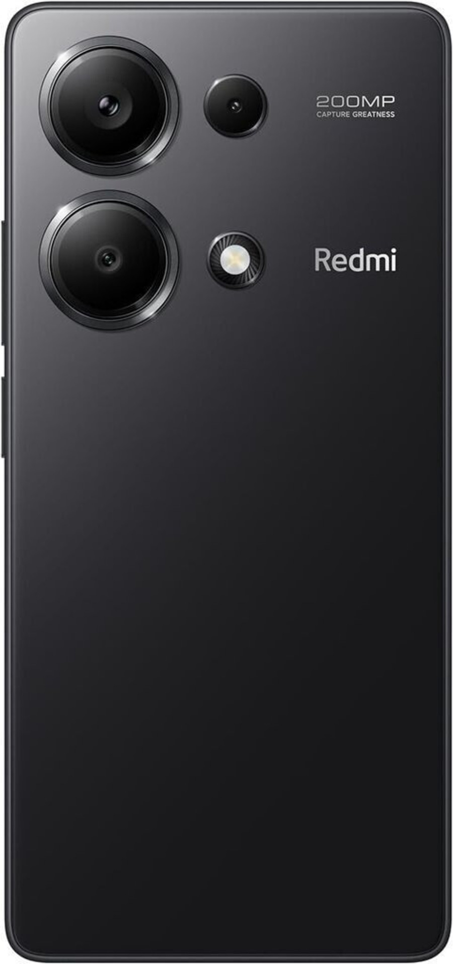 Schwarzes Smartphone mit Kamera und Redmi-Logo, 200MP Capture Greatness.