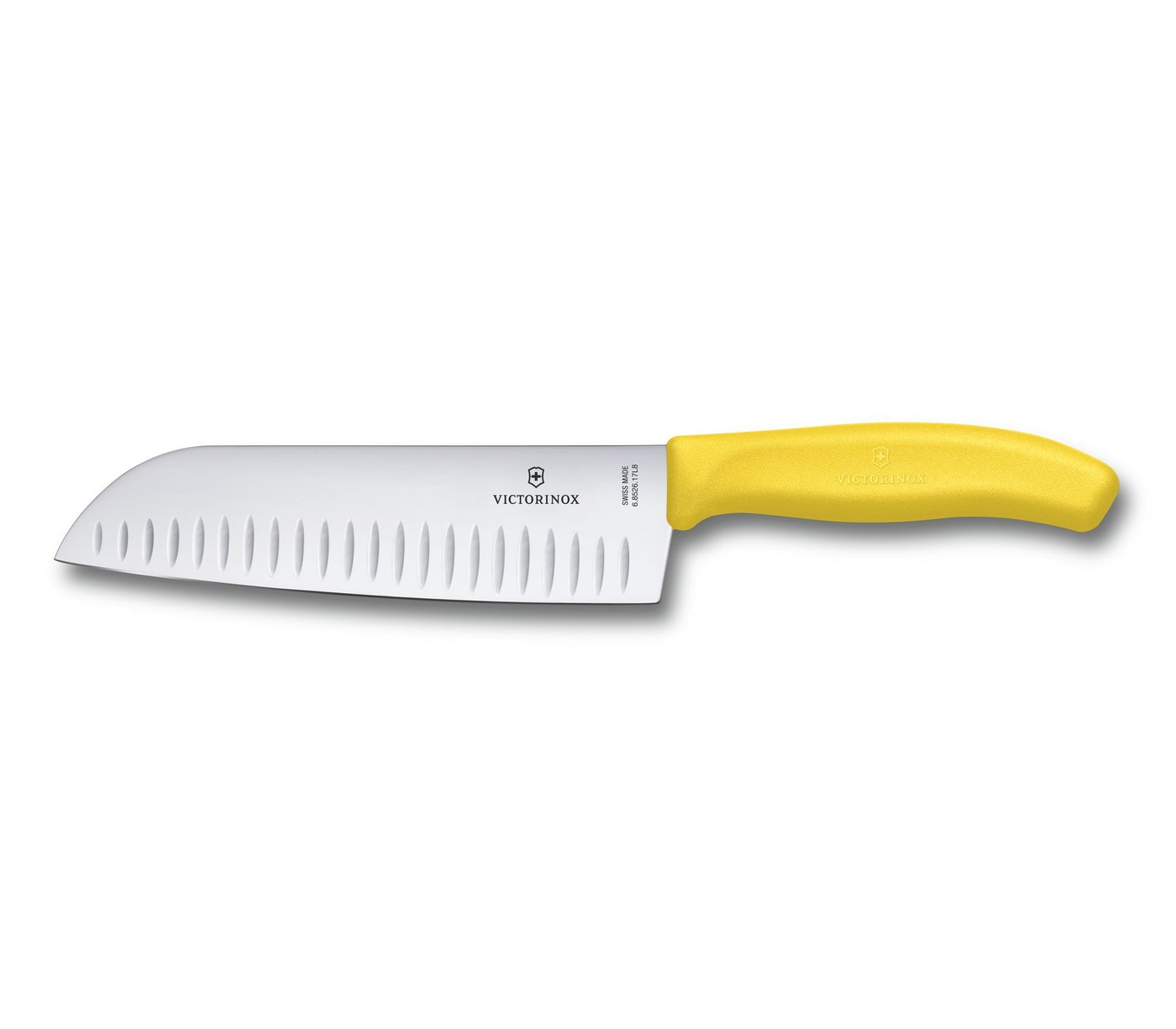 Gelbes Victorinox-Gemüsemesser mit gezahnter Klinge und gelbem Griff auf weißem Hintergrund